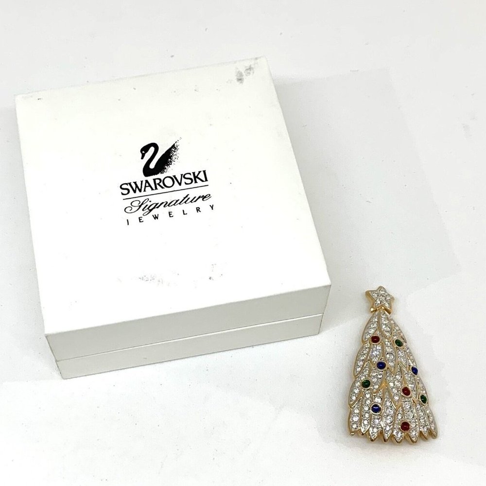 SWAROVSKI Christmas Tree Pin w Red & Green